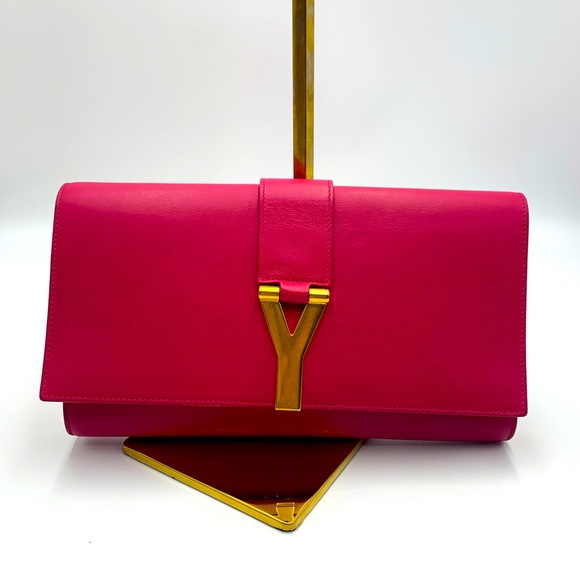 Auth Yves Saint Laurent Fuschia Clutch with Classic Gold Y Luxury Designer Mint - Picture 1 of 10